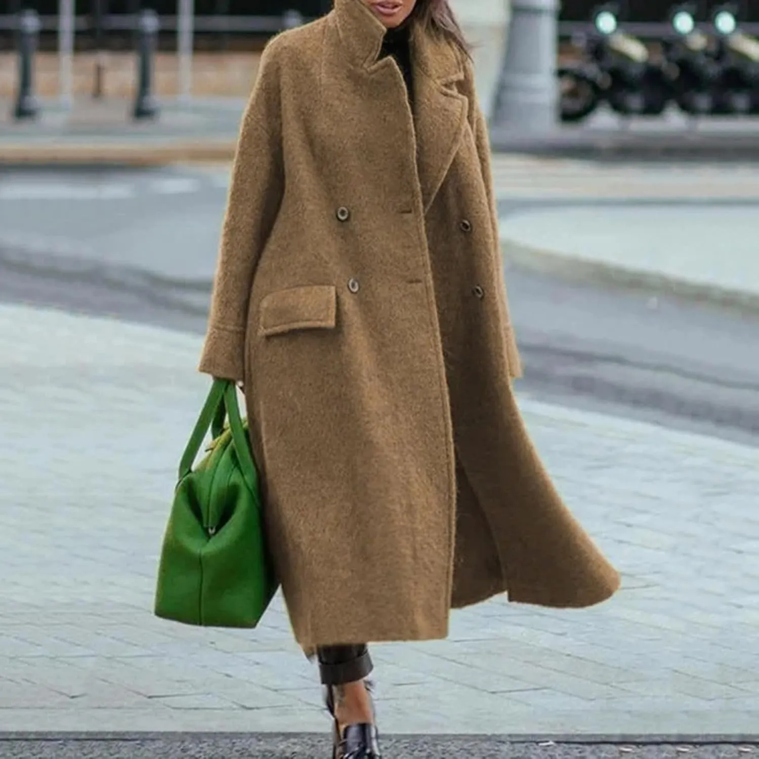 Trench Coats for Women Casual Wool Blend Winter Coats Notch Lapel Double-Breasted Casual Mid Peacoat Outwear