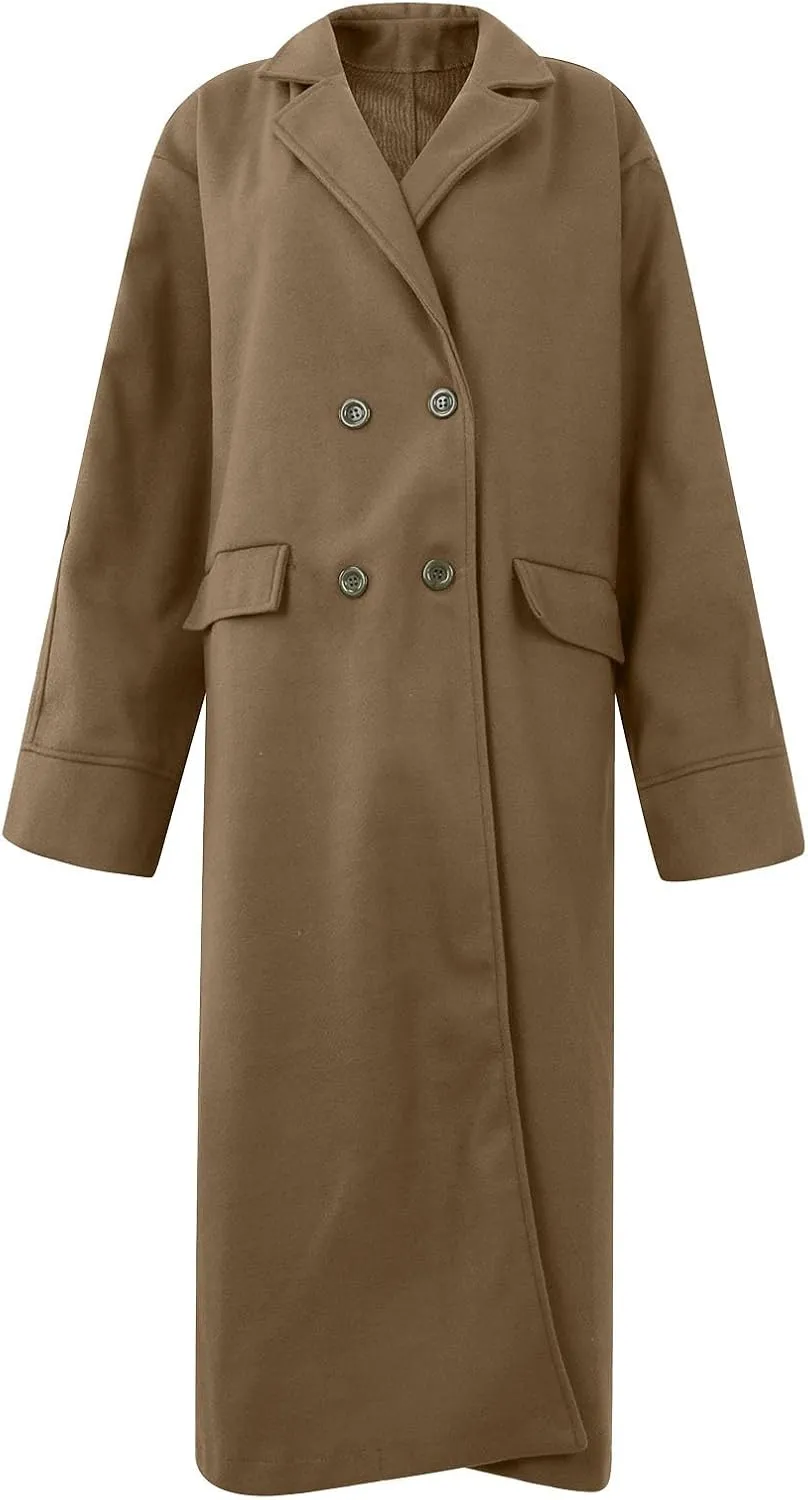 Trench Coats for Women Casual Wool Blend Winter Coats Notch Lapel Double-Breasted Casual Mid Peacoat Outwear