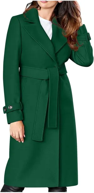 Trench Coats for Women Long Winter Wool Blend Camel Mid-Long Coat Fall Lapel Slim Overcoat Outerwear with Belt