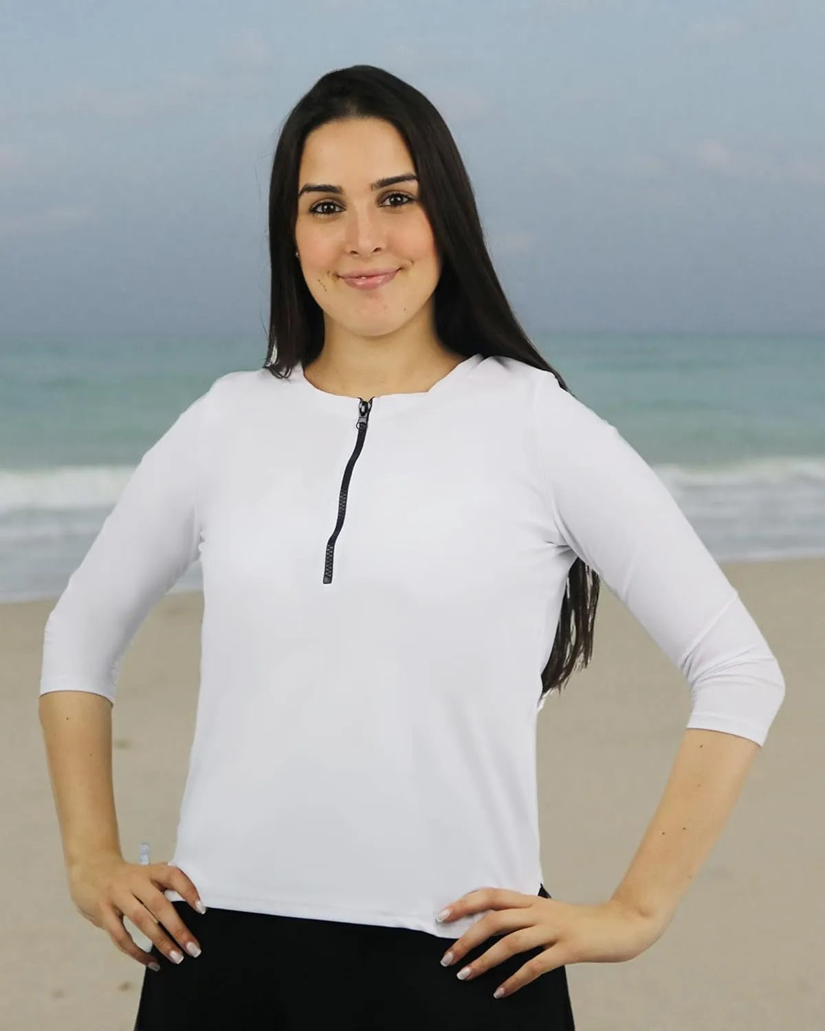 Tznius Shirt Rash Guard 3/4 Sleeve w/Zipper for Woman- Modest Shirt Swimsuit for Swim