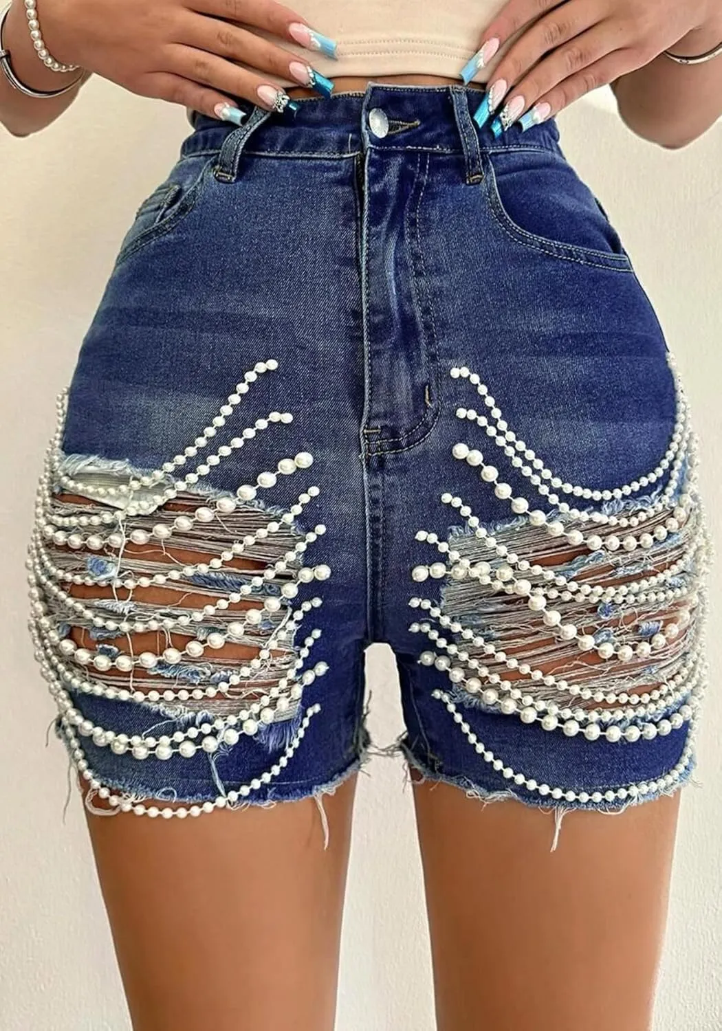 Unybwonn Denim Shorts Women Ripped Cutout Pearls Chain Jean Shorts Rhinestone Stretchy Distressed Raw Hem Tassels Shorts