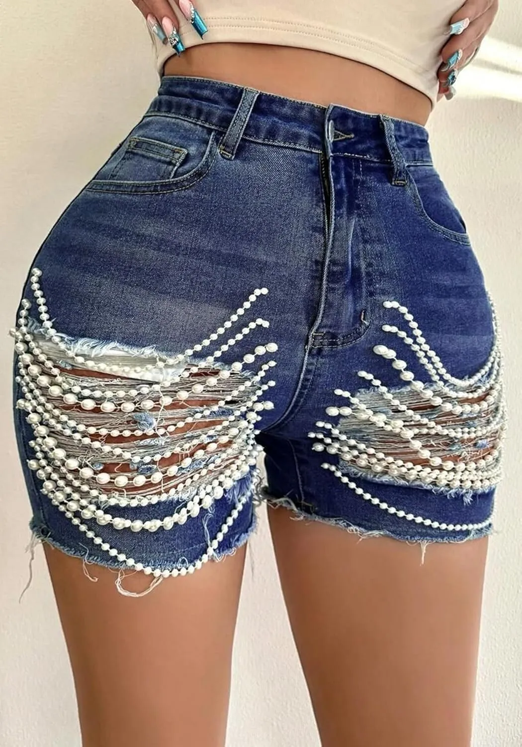 Unybwonn Denim Shorts Women Ripped Cutout Pearls Chain Jean Shorts Rhinestone Stretchy Distressed Raw Hem Tassels Shorts