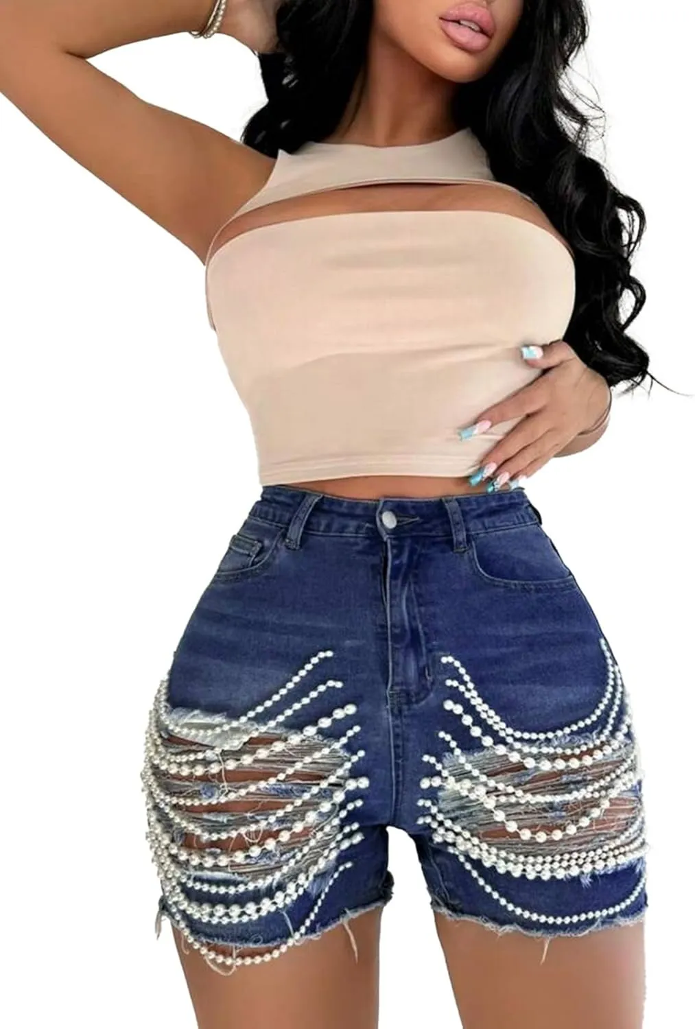 Unybwonn Denim Shorts Women Ripped Cutout Pearls Chain Jean Shorts Rhinestone Stretchy Distressed Raw Hem Tassels Shorts