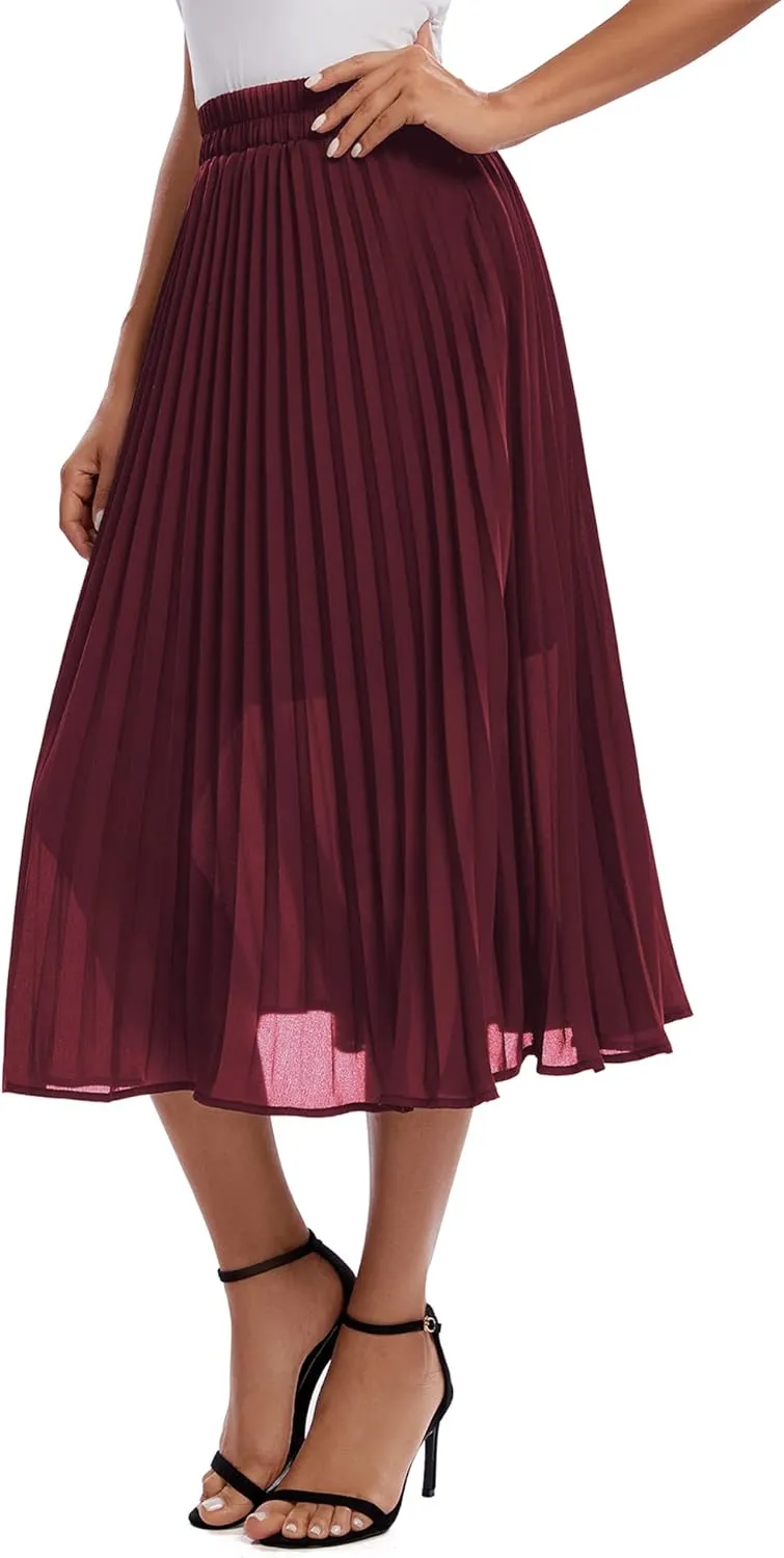 Urban CoCo Women's A Line Elastic Wasit Chiffon Midi Skirt Flare Pleated Skirts with Pockets