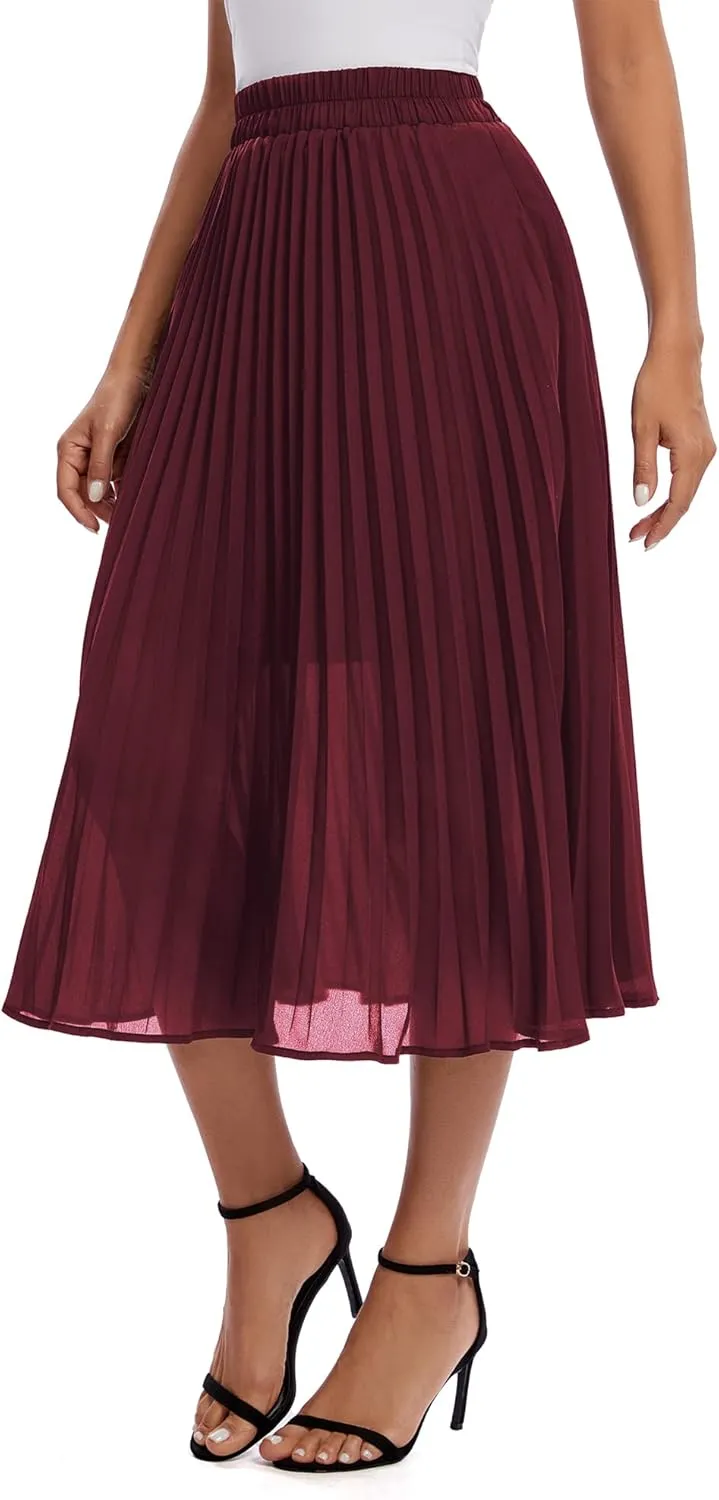 Urban CoCo Women's A Line Elastic Wasit Chiffon Midi Skirt Flare Pleated Skirts with Pockets