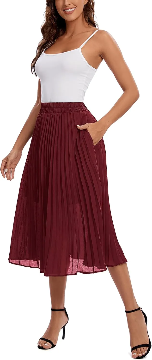 Urban CoCo Women's A Line Elastic Wasit Chiffon Midi Skirt Flare Pleated Skirts with Pockets