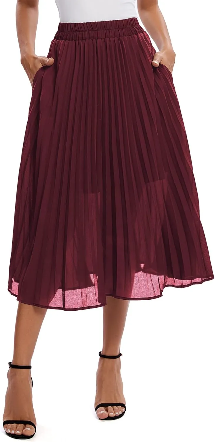 Urban CoCo Women's A Line Elastic Wasit Chiffon Midi Skirt Flare Pleated Skirts with Pockets