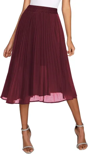 Urban CoCo Women's A Line Elastic Wasit Chiffon Midi Skirt Flare Pleated Skirts with Pockets