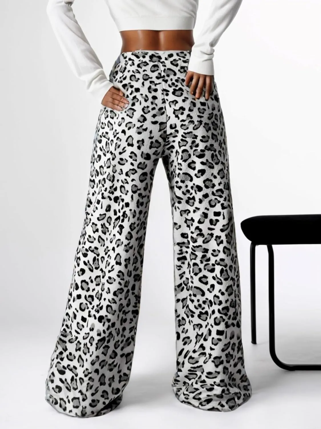 VCM Leopard Print Pants Y2k High Waisted Baggy Trousers Drawstring Fluffy Cheetah Fuzzy Pajama Sleepwear