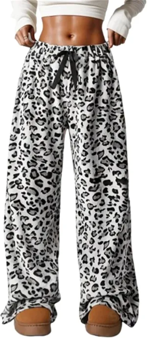 VCM Leopard Print Pants Y2k High Waisted Baggy Trousers Drawstring Fluffy Cheetah Fuzzy Pajama Sleepwear