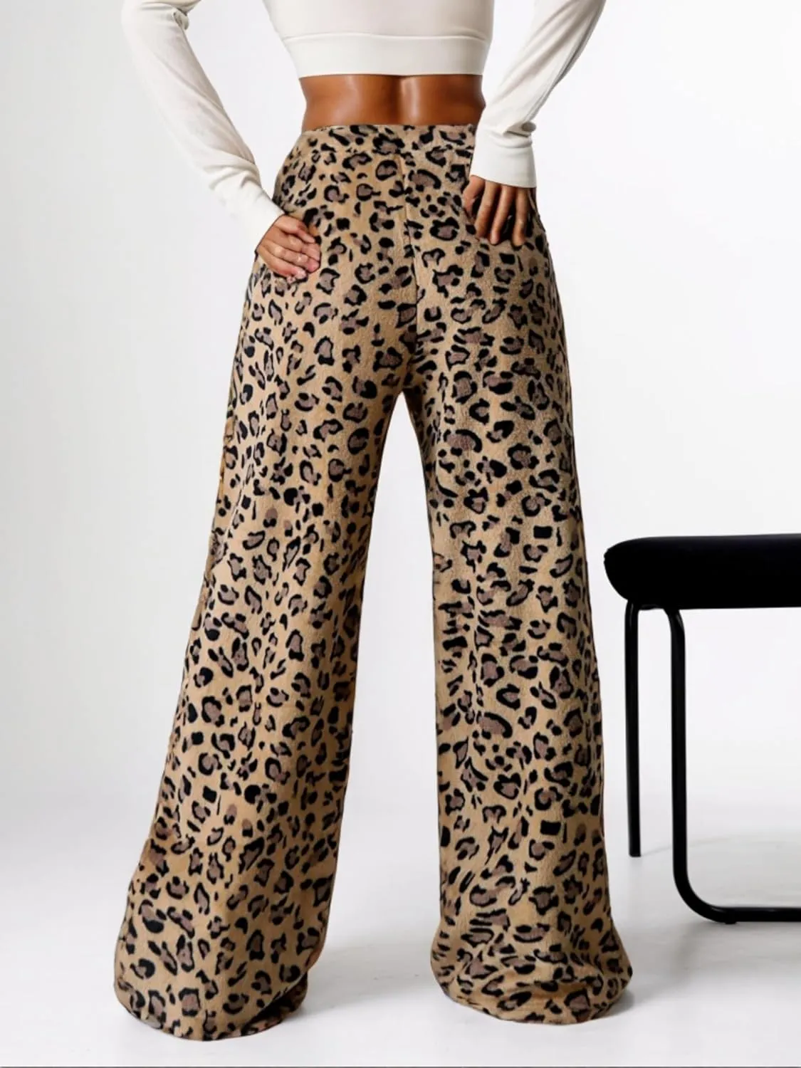 VCM Leopard Print Pants Y2k High Waisted Baggy Trousers Drawstring Fluffy Cheetah Fuzzy Pajama Sleepwear