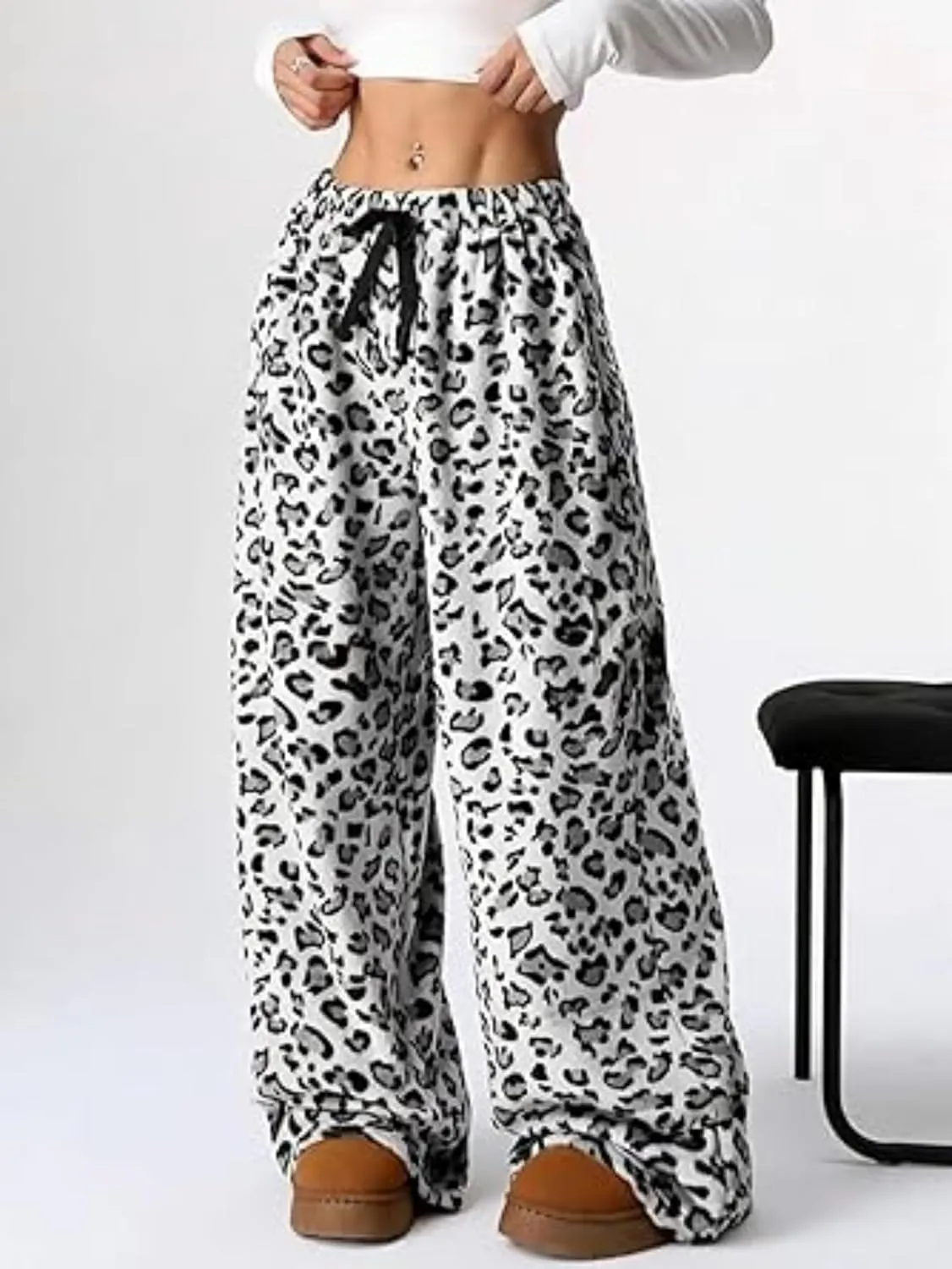 VCM Leopard Print Pants Y2k High Waisted Baggy Trousers Drawstring Fluffy Cheetah Fuzzy Pajama Sleepwear
