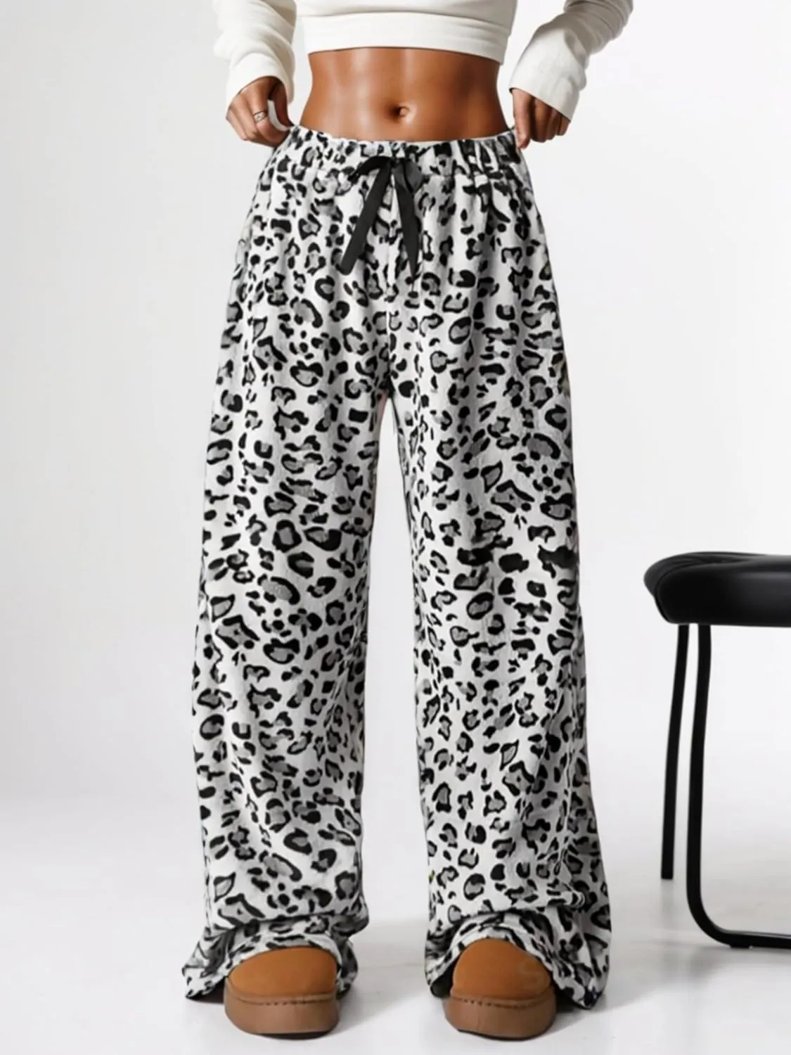 VCM Leopard Print Pants Y2k High Waisted Baggy Trousers Drawstring Fluffy Cheetah Fuzzy Pajama Sleepwear