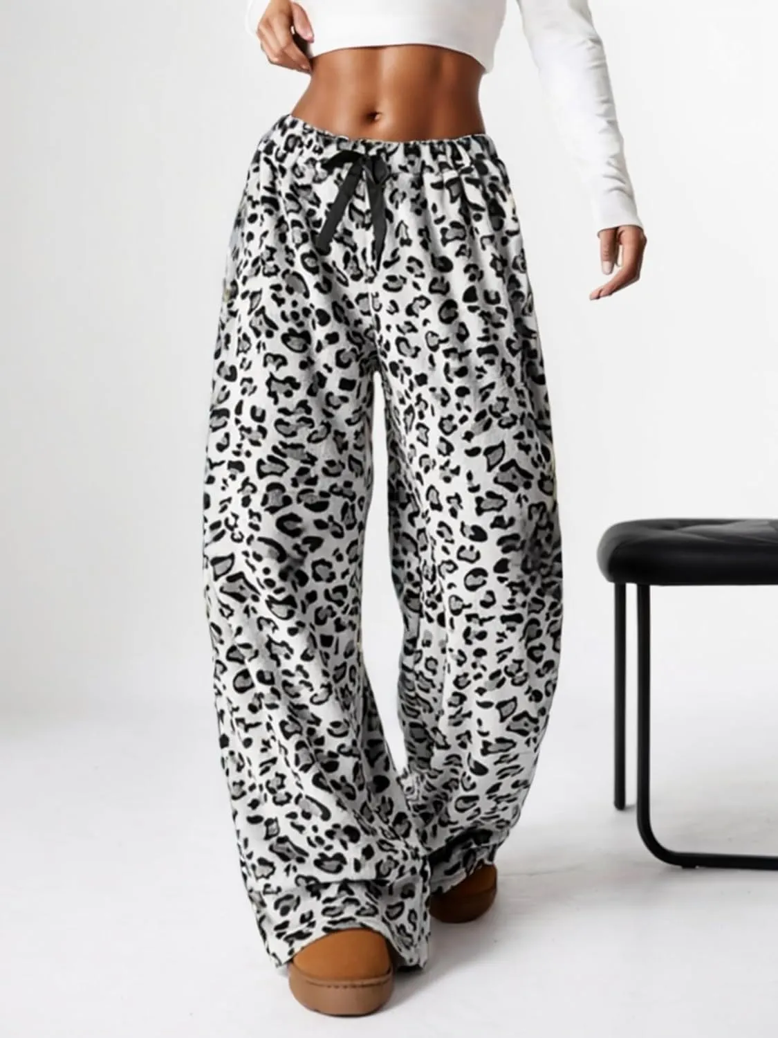 VCM Leopard Print Pants Y2k High Waisted Baggy Trousers Drawstring Fluffy Cheetah Fuzzy Pajama Sleepwear