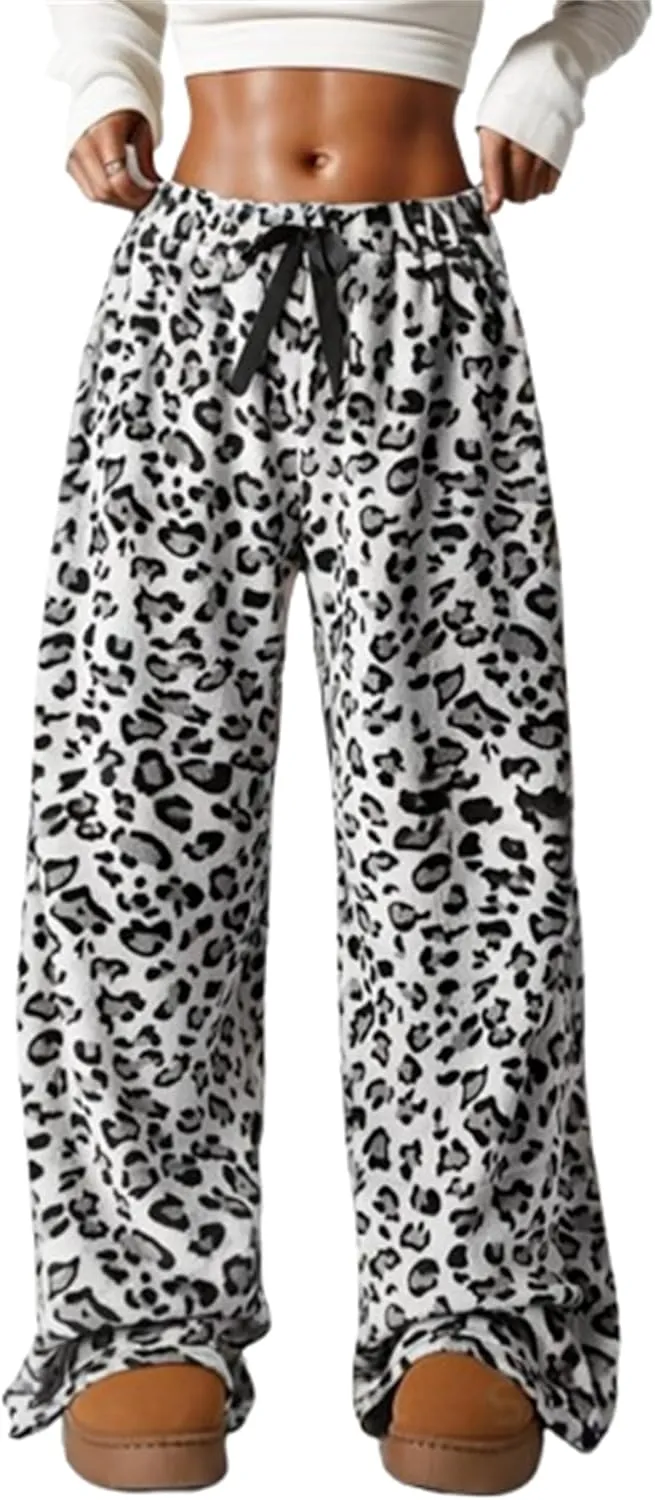 VCM Leopard Print Pants Y2k High Waisted Baggy Trousers Drawstring Fluffy Cheetah Fuzzy Pajama Sleepwear