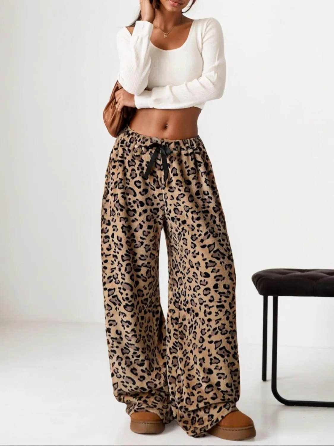 VCM Leopard Print Pants Y2k High Waisted Baggy Trousers Drawstring Fluffy Cheetah Fuzzy Pajama Sleepwear