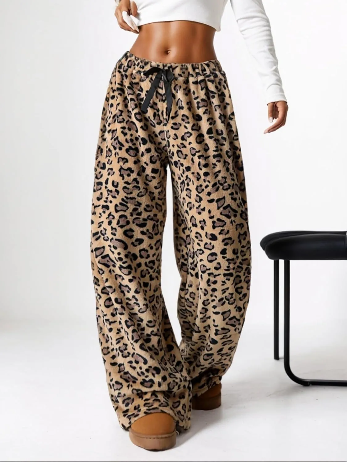 VCM Leopard Print Pants Y2k High Waisted Baggy Trousers Drawstring Fluffy Cheetah Fuzzy Pajama Sleepwear