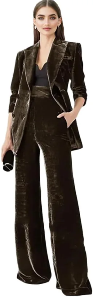 Velvet Suit for Women 2 PC Double Breasted Pants Suit Peak Lapel Formal Tuxedos Womens Business Outfit