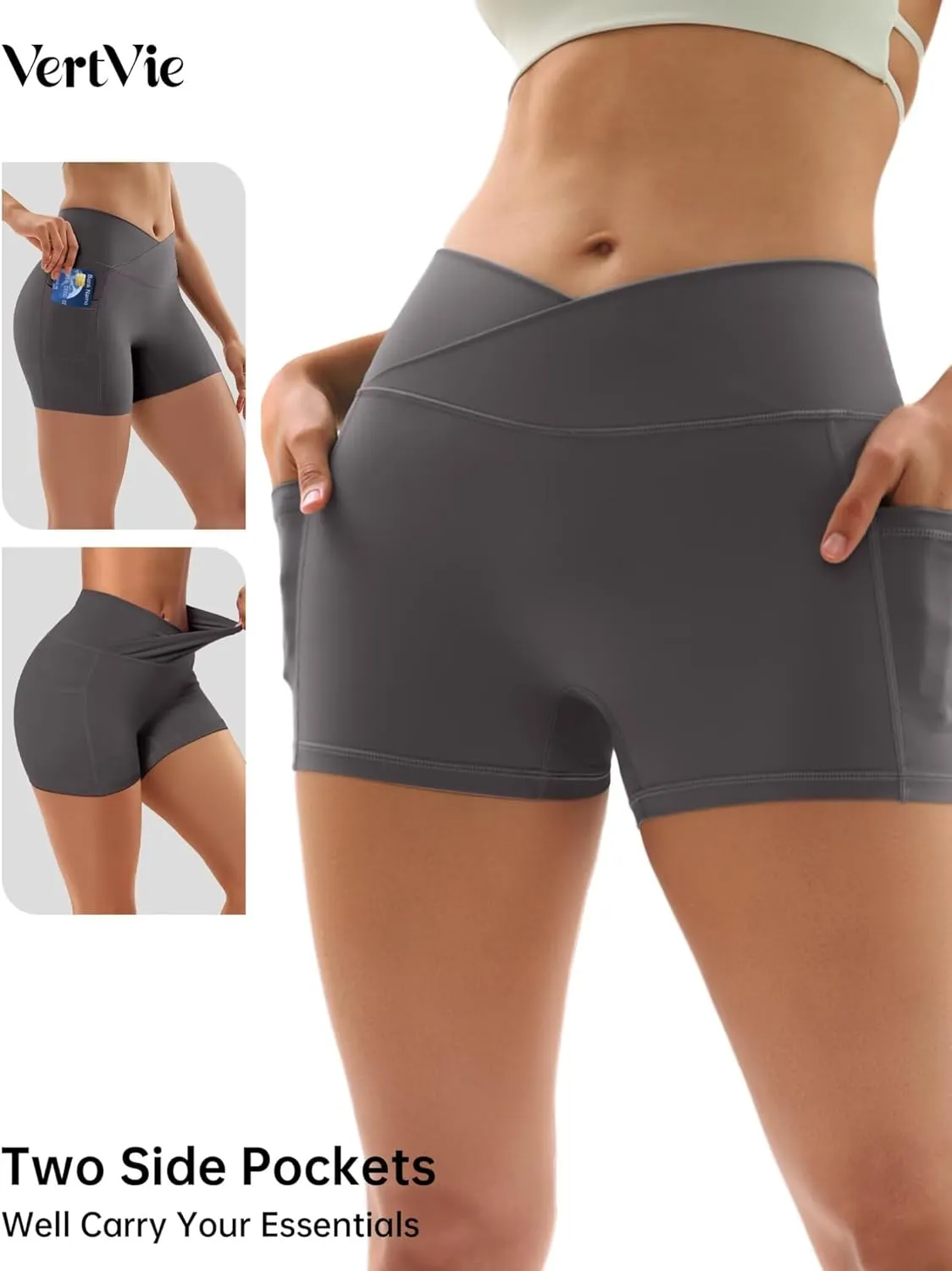 Vertvie Gym Shorts Women 3"/ 9" Crossover Biker Shorts High Waisted Spandex Workout Yoga Volleyball Booty Shorts with Pockets