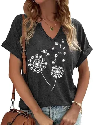 Vintage Flowers V Neck Shirt for Women Boho Floral Wildflowers Graphic Tee Casual Cottagecore Summer T Shirt