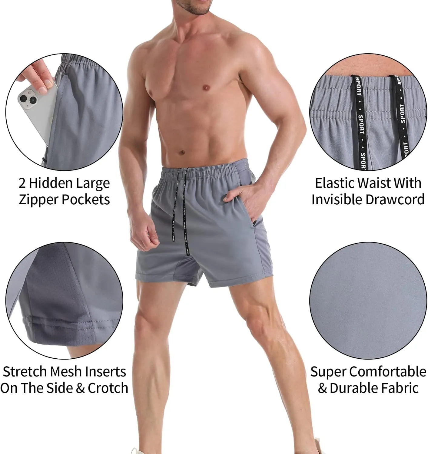 VPOS Gym Shorts for Men 5 Inch - Lightweight Mens Athletic Shorts Quick Dry Workout Running Shorts with Zipper Pockets