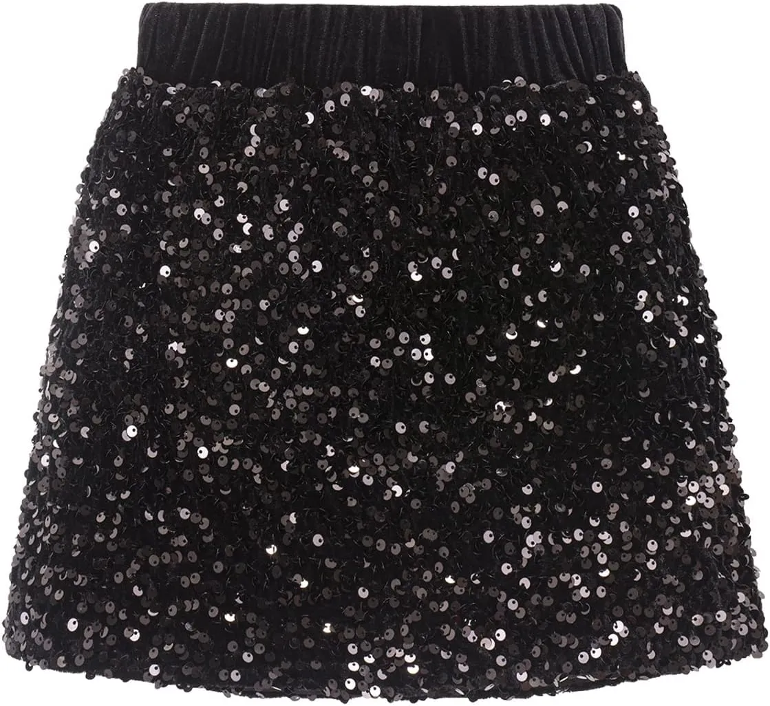 WELAKEN Sparkly Sequin Skirt for Girls Toddler & Kids Elastic Waistband Skirts with Lining