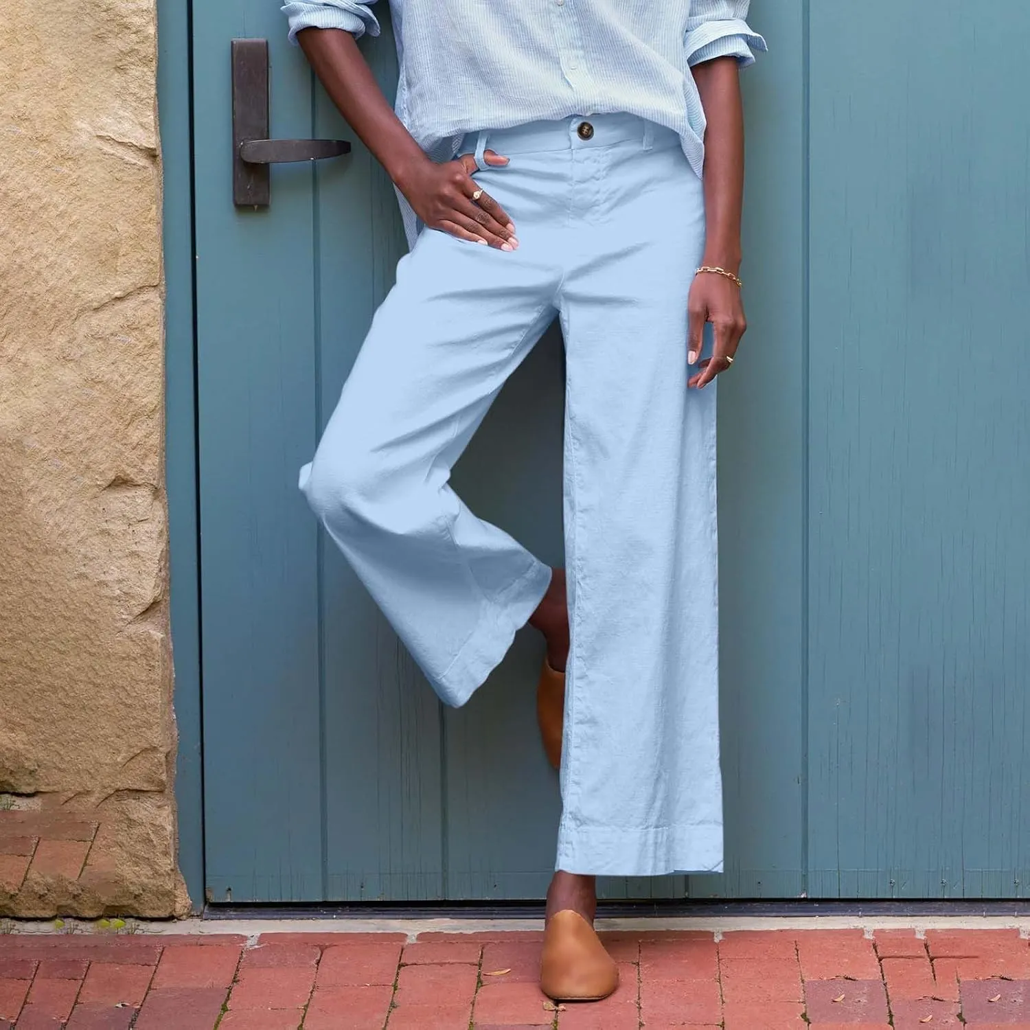 Wide Leg Linen Pants Women Cropped Elastic High Waisted Dress Pants Business Casual Comfy Work Pants with Pocket