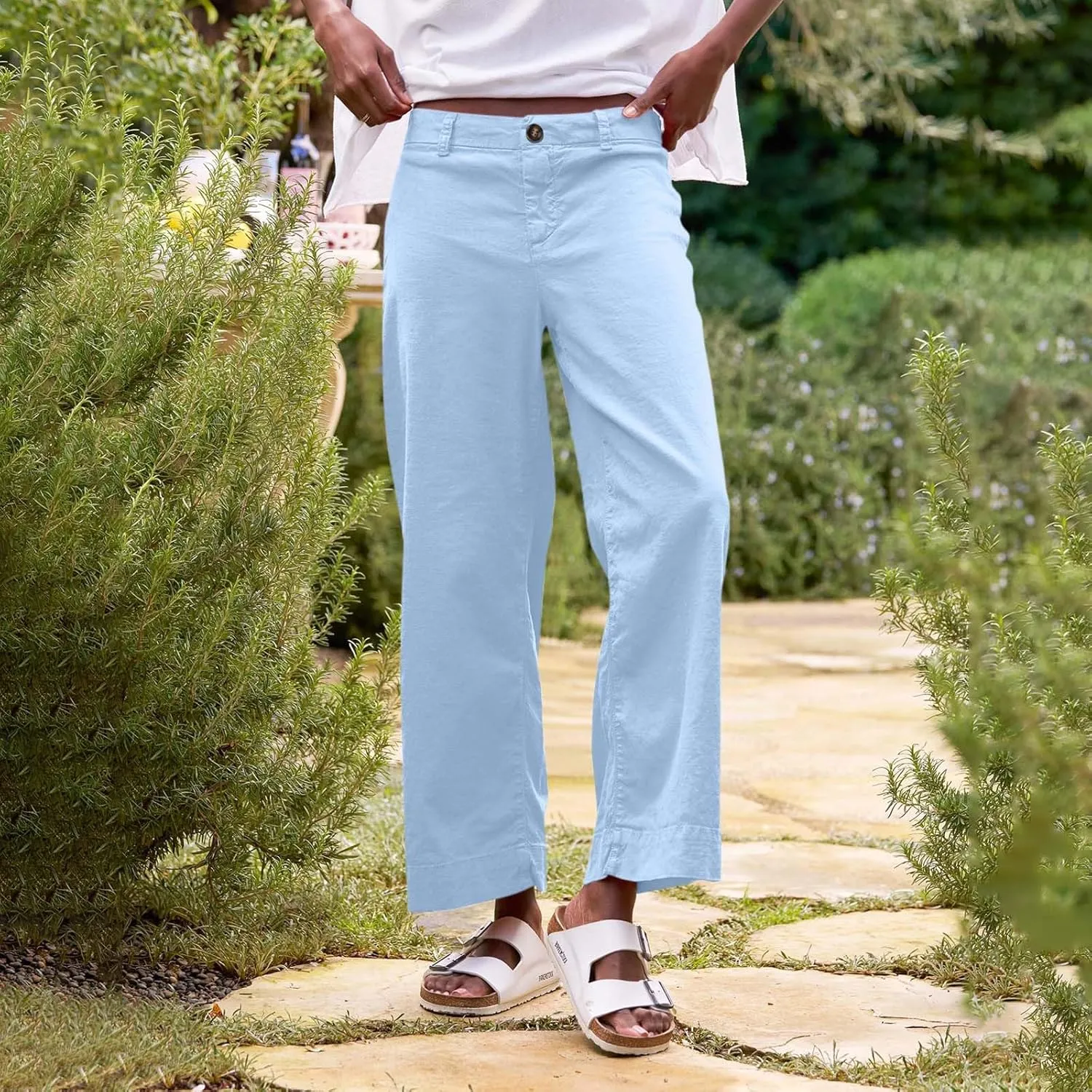 Wide Leg Linen Pants Women Cropped Elastic High Waisted Dress Pants Business Casual Comfy Work Pants with Pocket