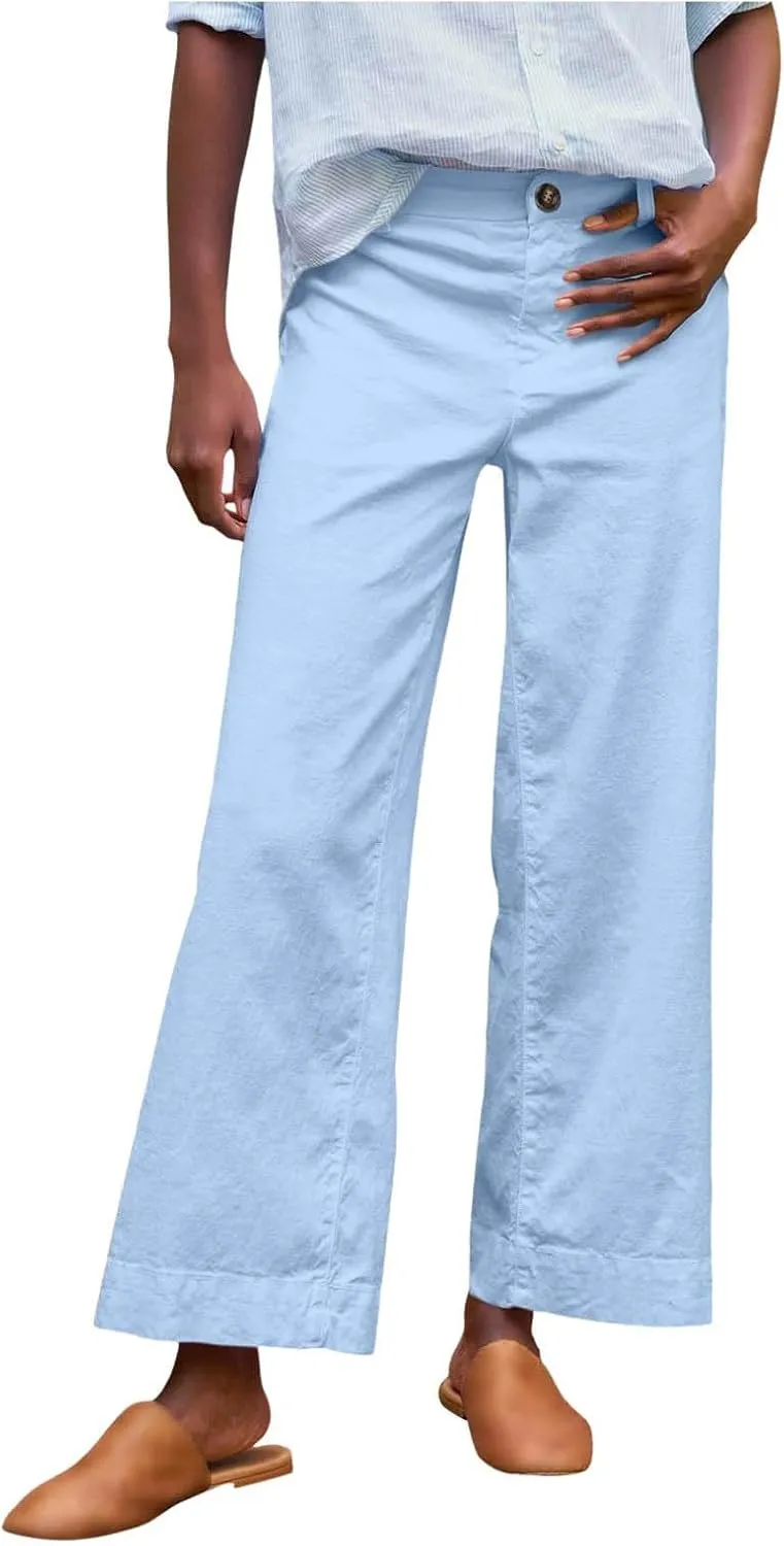 Wide Leg Linen Pants Women Cropped Elastic High Waisted Dress Pants Business Casual Comfy Work Pants with Pocket