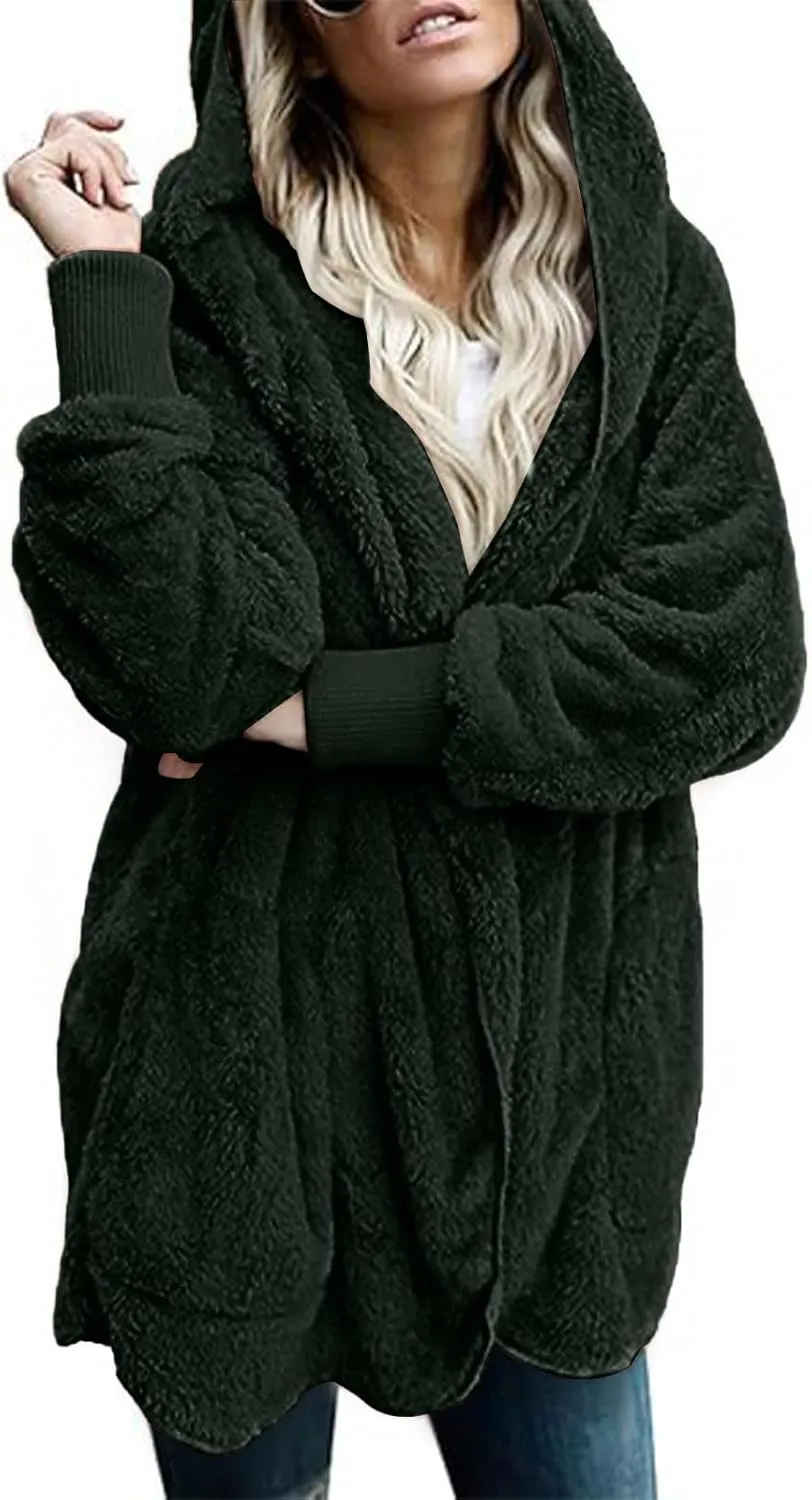 Winter Coats For Women Loose Hooded Jacket Plush Long Sleeve Cardigan Solid Color Coat