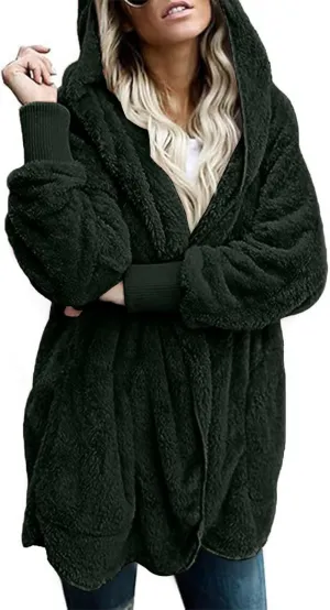 Winter Coats For Women Loose Hooded Jacket Plush Long Sleeve Cardigan Solid Color Coat