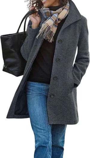Winter Coats for Women Thicken Wool Blend Stand Collar Jacket Casual Single Breasted Trench Coat Mid Long Pea Coat
