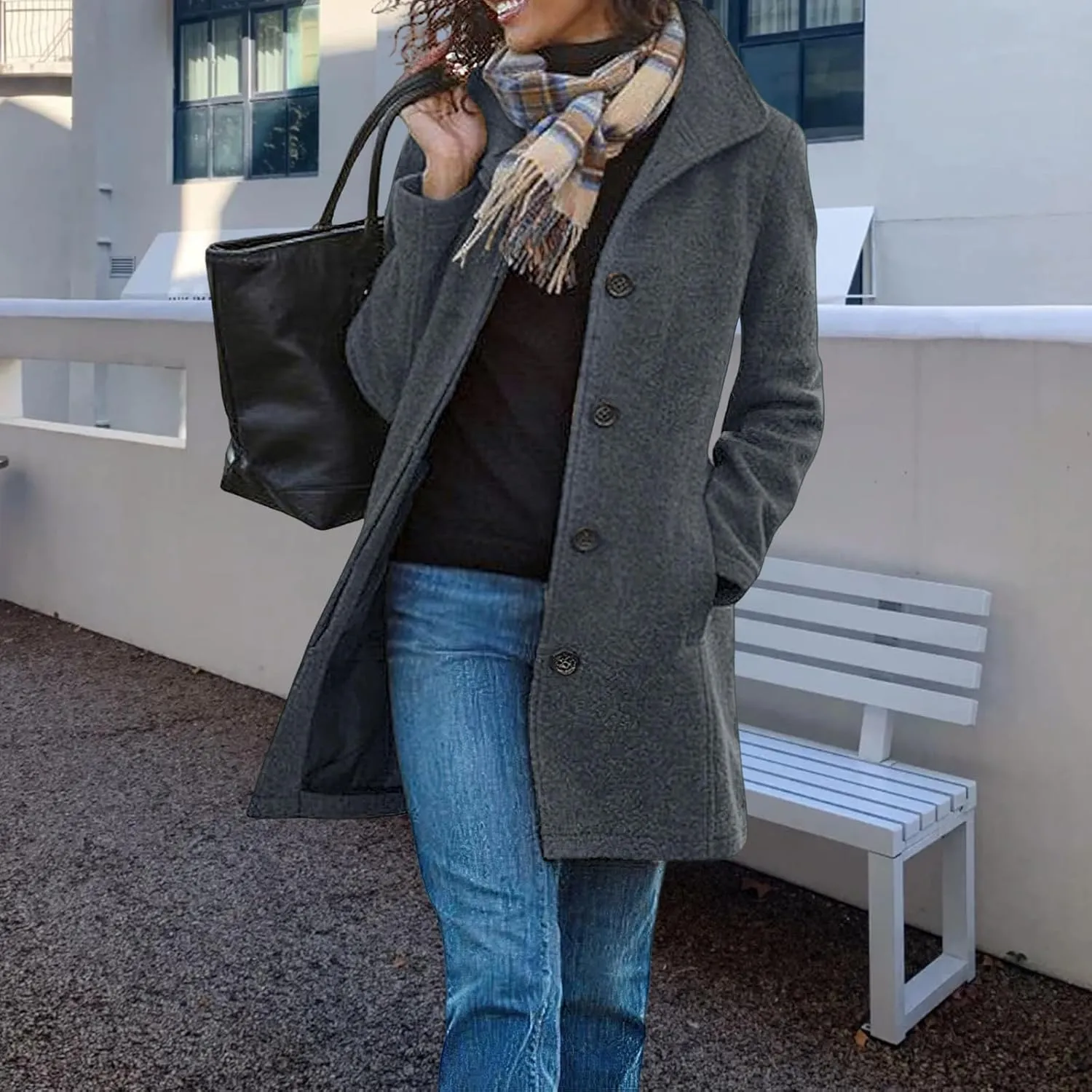 Winter Coats for Women Thicken Wool Blend Stand Collar Jacket Casual Single Breasted Trench Coat Mid Long Pea Coat