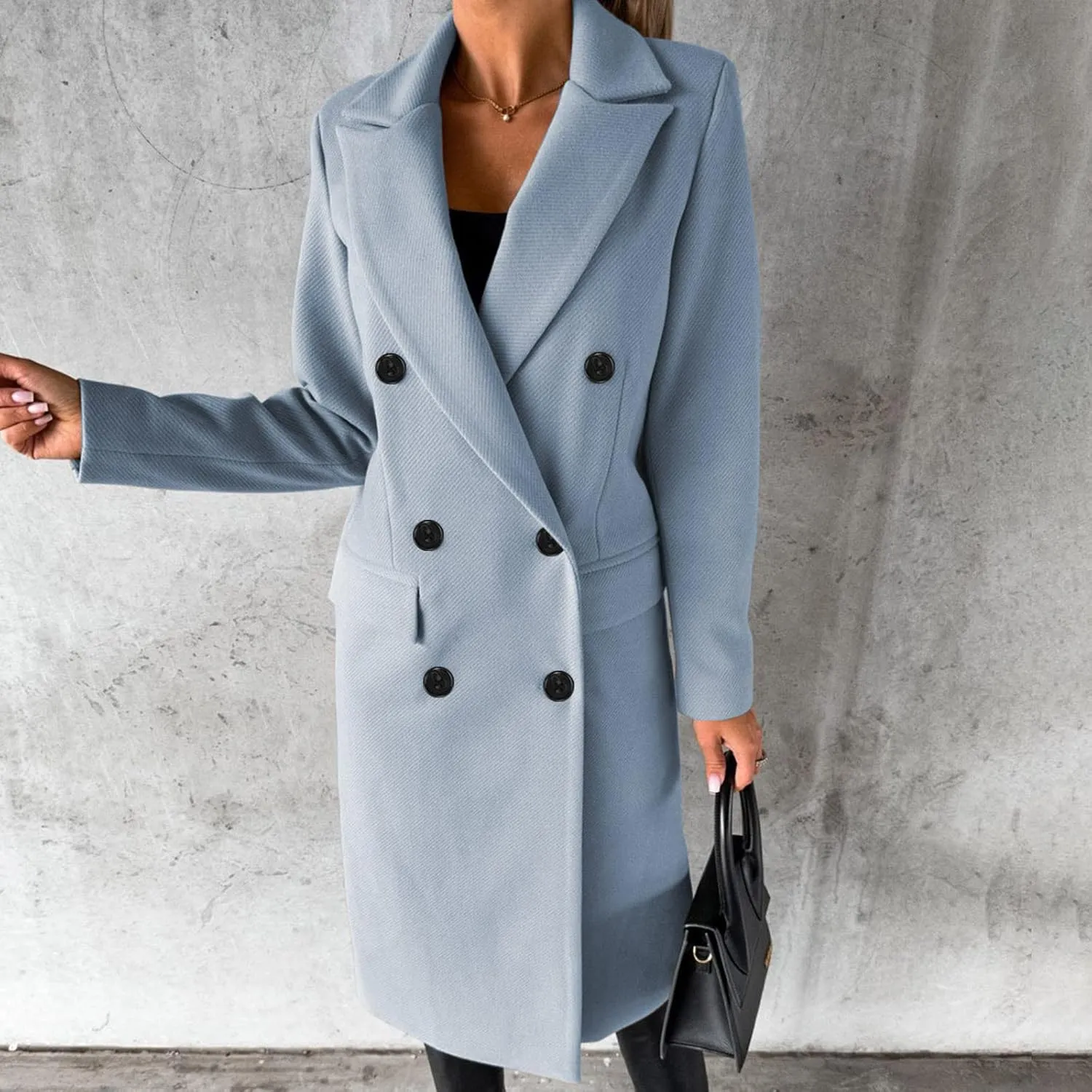 Winter Coats for Women Wool Blend Trench Coat Casual Notch Lapel Double-Breasted Mid Peacoat Overcoats