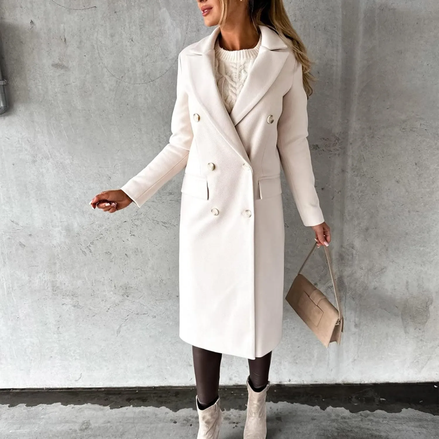 Winter Coats for Women Wool Blend Trench Coat Casual Notch Lapel Double-Breasted Mid Peacoat Overcoats