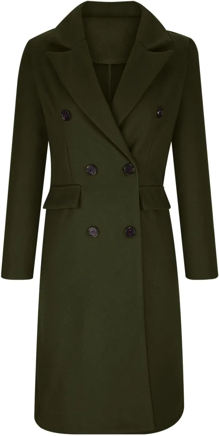 Winter Coats for Women Wool Blend Trench Coat Casual Notch Lapel Double-Breasted Mid Peacoat Overcoats