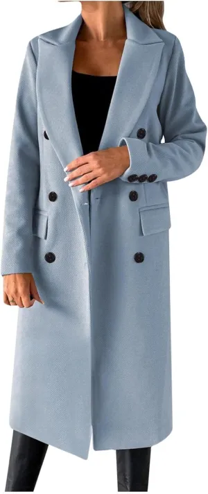 Winter Coats for Women Wool Blend Trench Coat Casual Notch Lapel Double-Breasted Mid Peacoat Overcoats