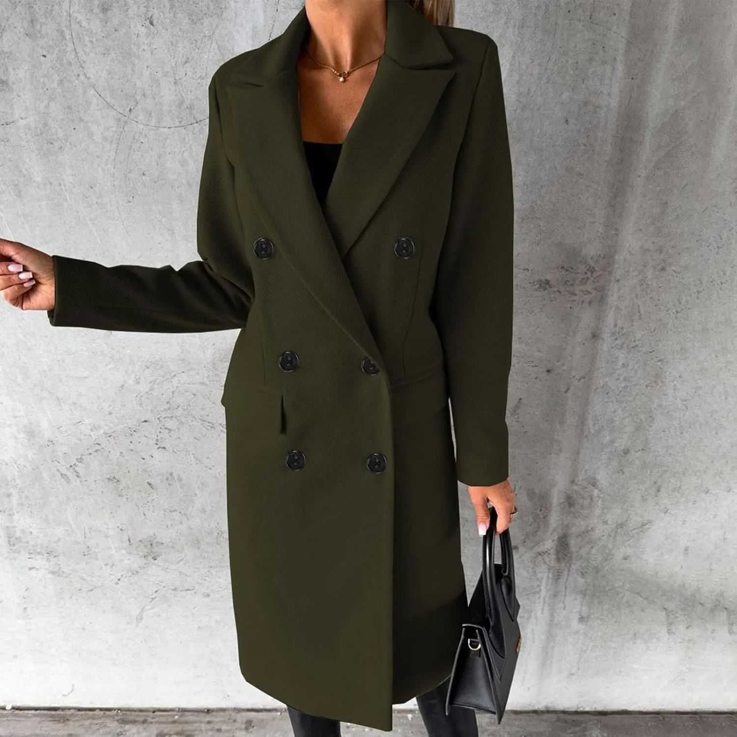Winter Coats for Women Wool Blend Trench Coat Casual Notch Lapel Double-Breasted Mid Peacoat Overcoats