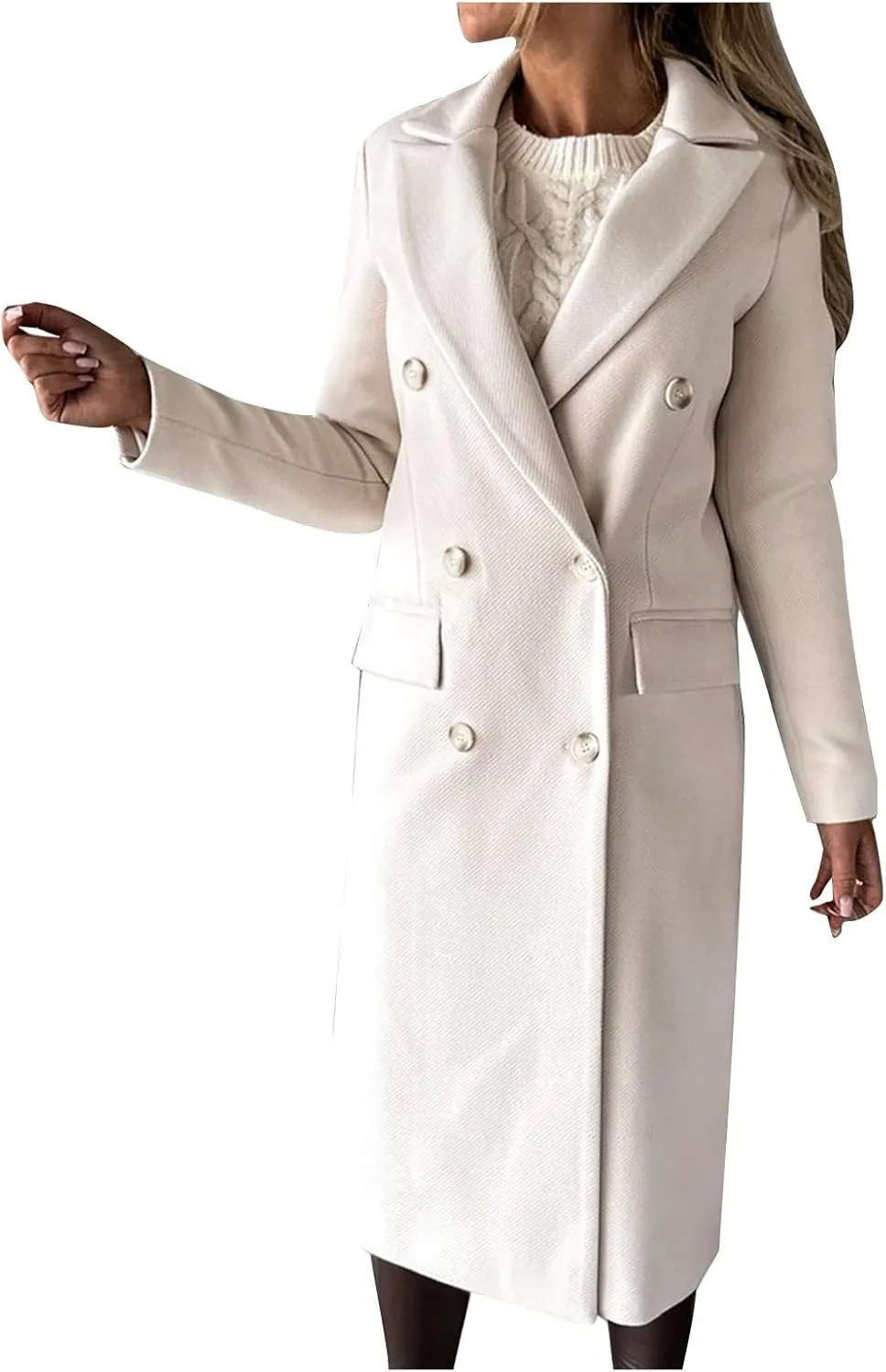 Winter Coats for Women Wool Blend Trench Coat Casual Notch Lapel Double-Breasted Mid Peacoat Overcoats