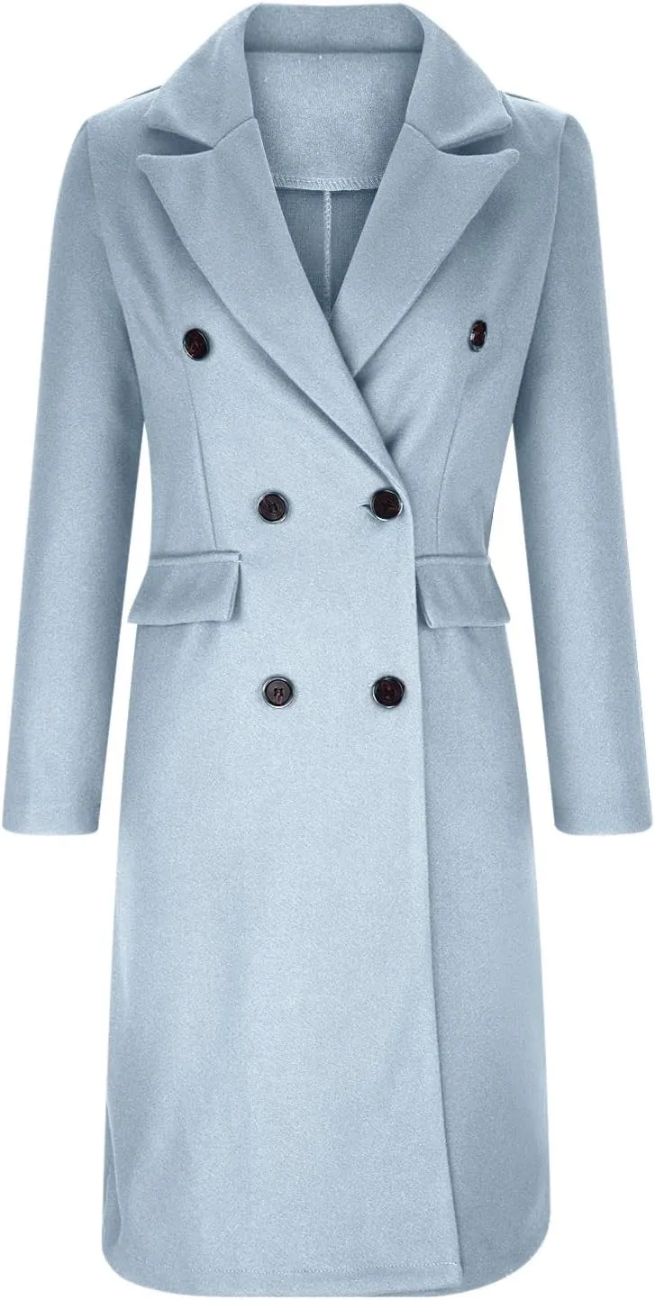 Winter Coats for Women Wool Blend Trench Coat Casual Notch Lapel Double-Breasted Mid Peacoat Overcoats
