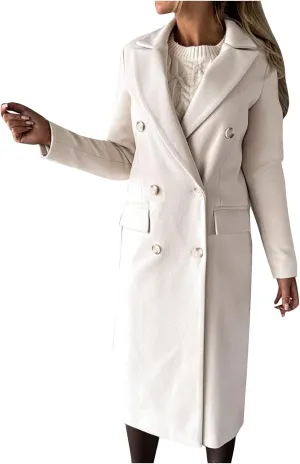 Winter Coats for Women Wool Blend Trench Coat Casual Notch Lapel Double-Breasted Mid Peacoat Overcoats
