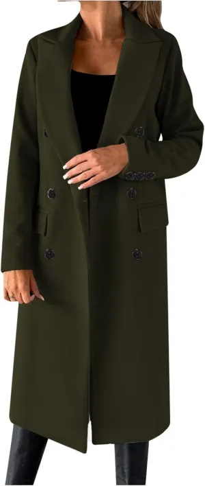 Winter Coats for Women Wool Blend Trench Coat Casual Notch Lapel Double-Breasted Mid Peacoat Overcoats