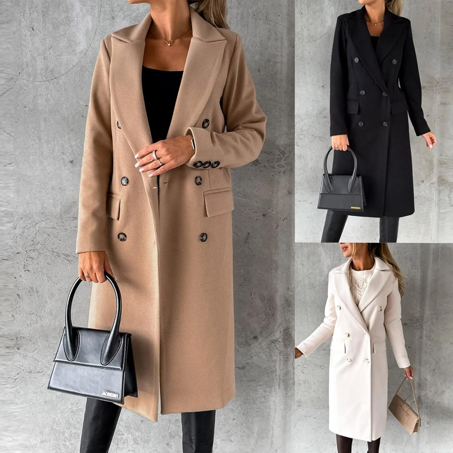 Winter Coats for Women Wool Blend Trench Coat Casual Notch Lapel Double-Breasted Mid Peacoat Overcoats