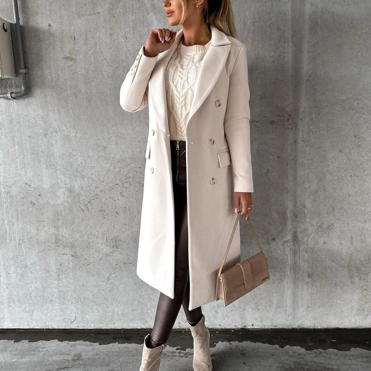 Winter Coats for Women Wool Blend Trench Coat Casual Notch Lapel Double-Breasted Mid Peacoat Overcoats