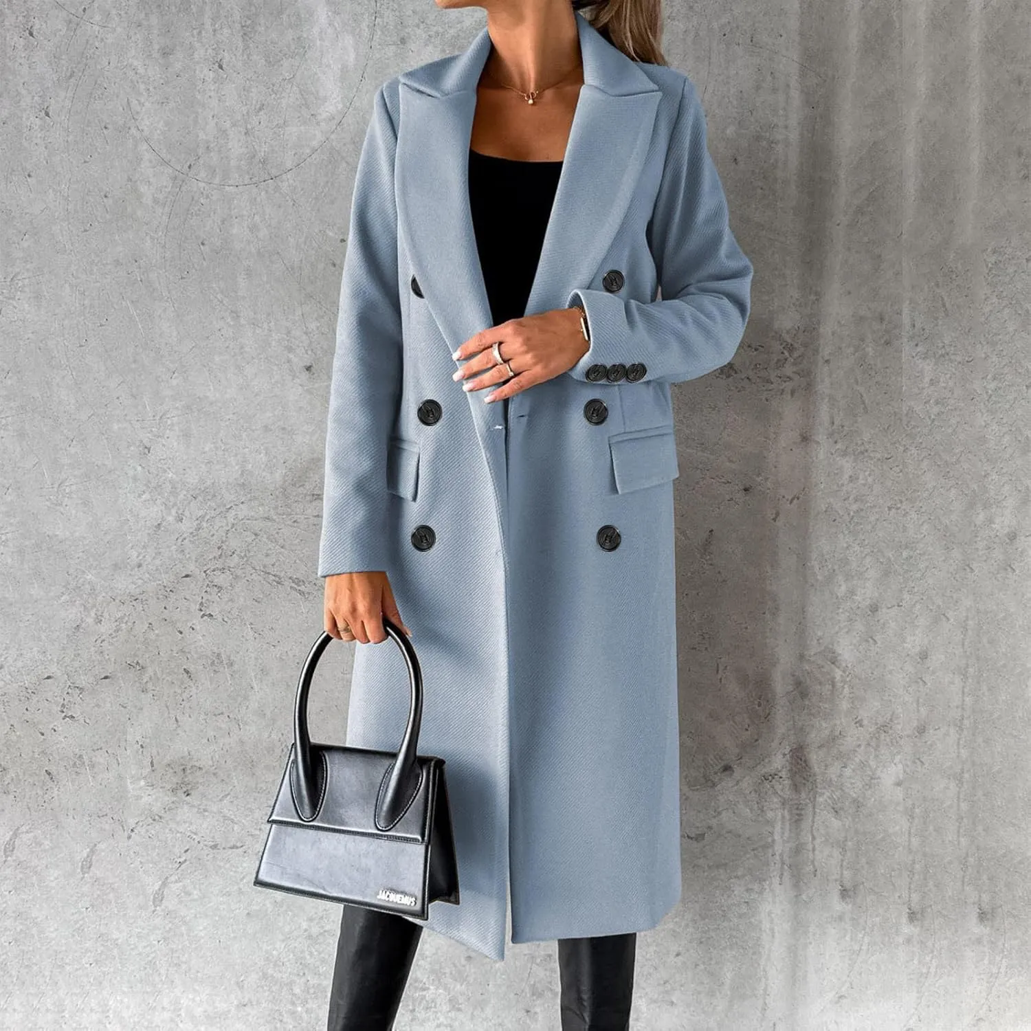 Winter Coats for Women Wool Blend Trench Coat Casual Notch Lapel Double-Breasted Mid Peacoat Overcoats