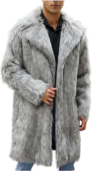 Winter Jackets for Men Long Faux Fur Coat Open Front Cardigan Fuzzy Fleece Jacket Lapel Overcoat Warm Trench Coat