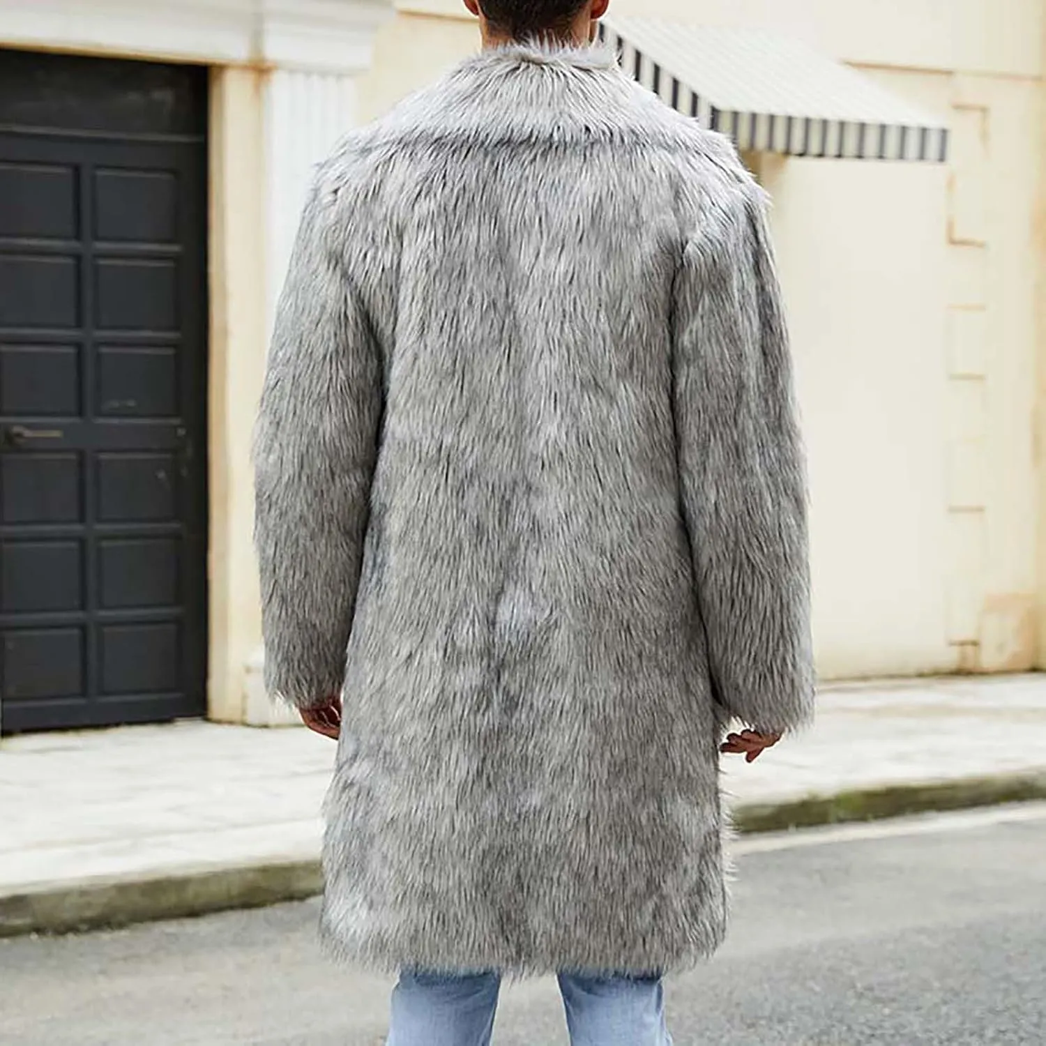 Winter Jackets for Men Long Faux Fur Coat Open Front Cardigan Fuzzy Fleece Jacket Lapel Overcoat Warm Trench Coat