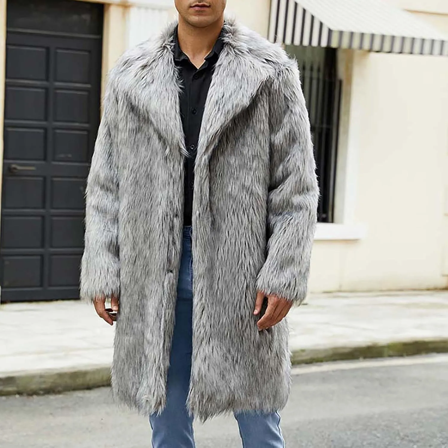 Winter Jackets for Men Long Faux Fur Coat Open Front Cardigan Fuzzy Fleece Jacket Lapel Overcoat Warm Trench Coat