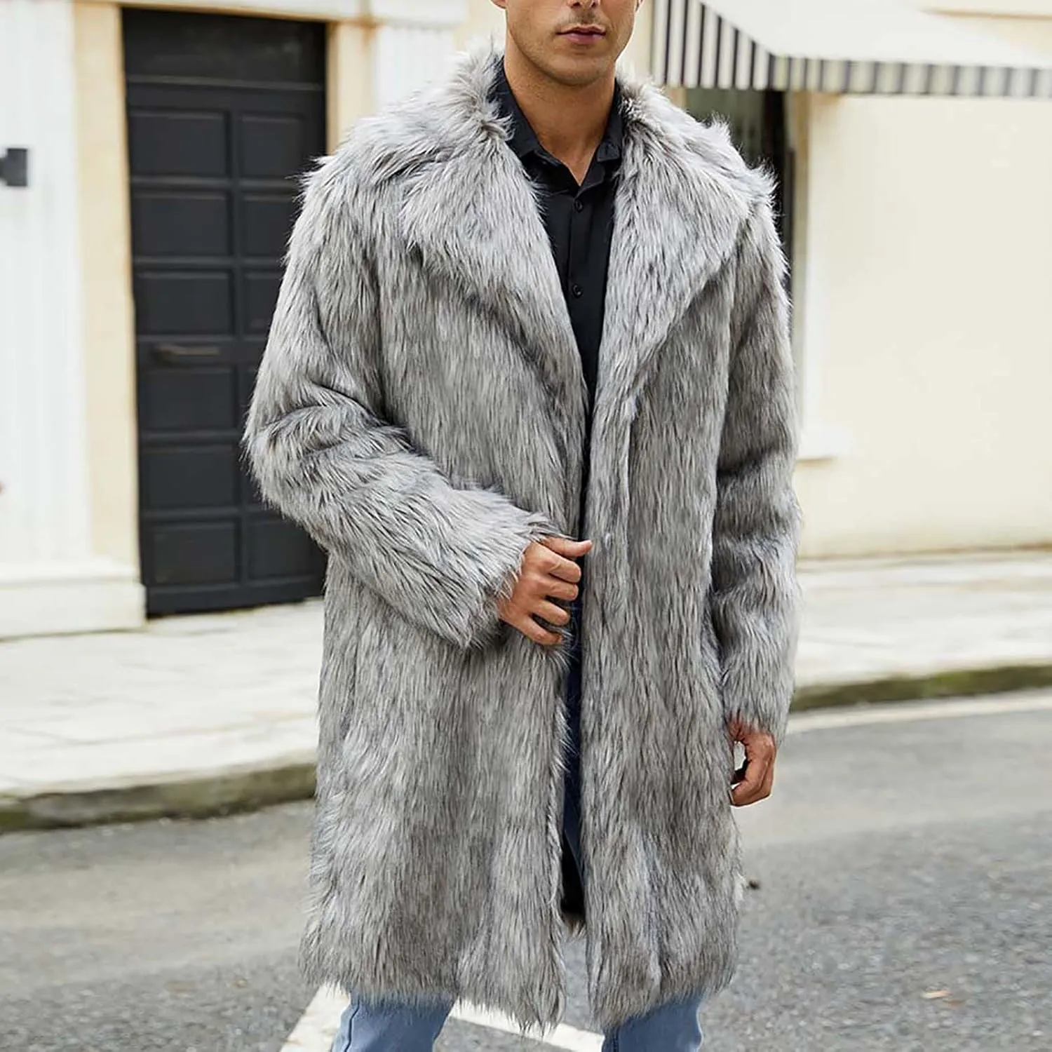 Winter Jackets for Men Long Faux Fur Coat Open Front Cardigan Fuzzy Fleece Jacket Lapel Overcoat Warm Trench Coat