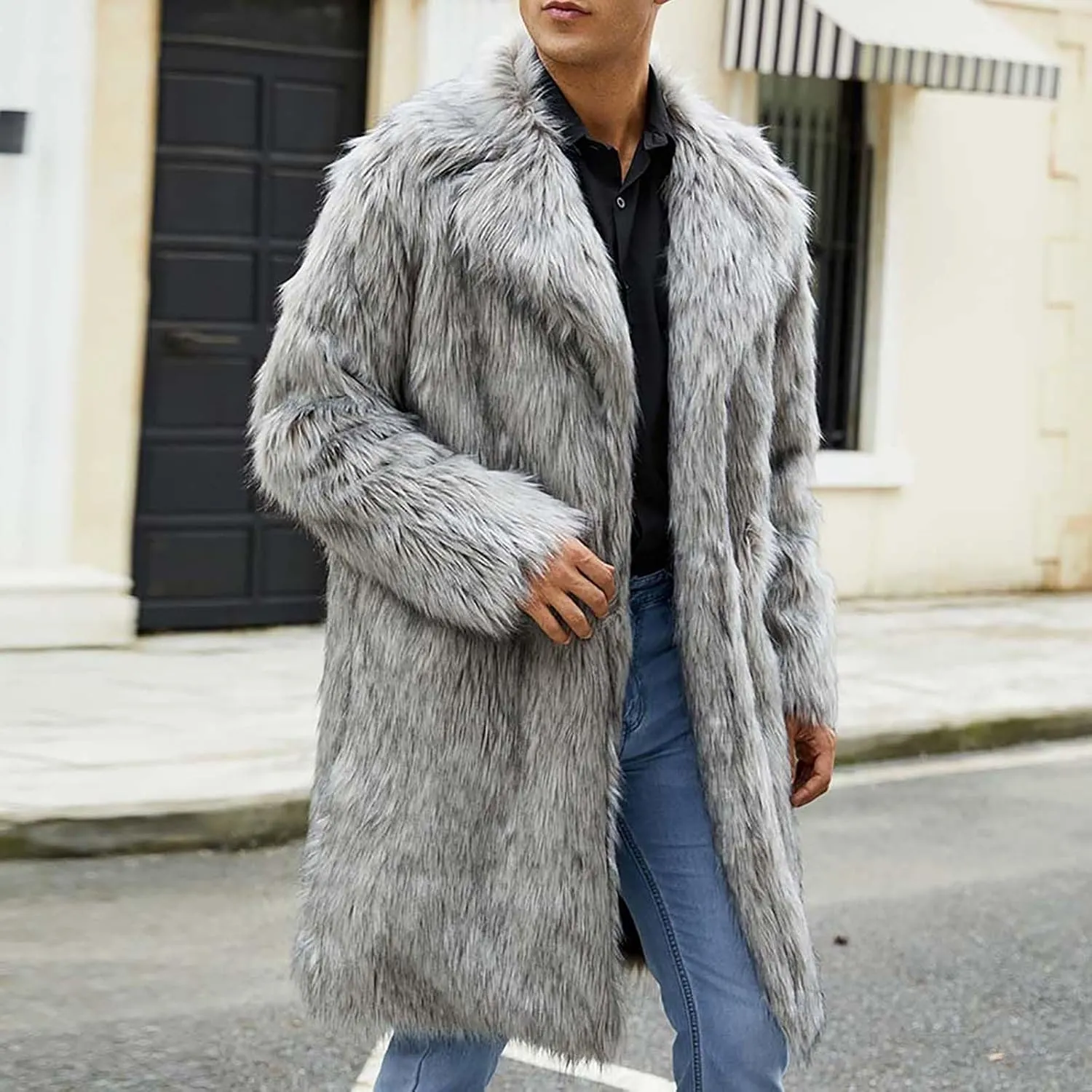 Winter Jackets for Men Long Faux Fur Coat Open Front Cardigan Fuzzy Fleece Jacket Lapel Overcoat Warm Trench Coat
